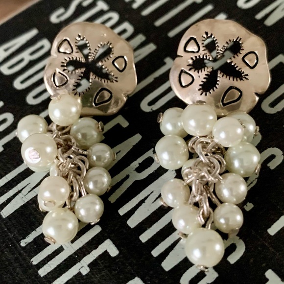 Silver Sand Dollar & Freshwater Pearl Cluster Dangle Earrings - Picture 7 of 7